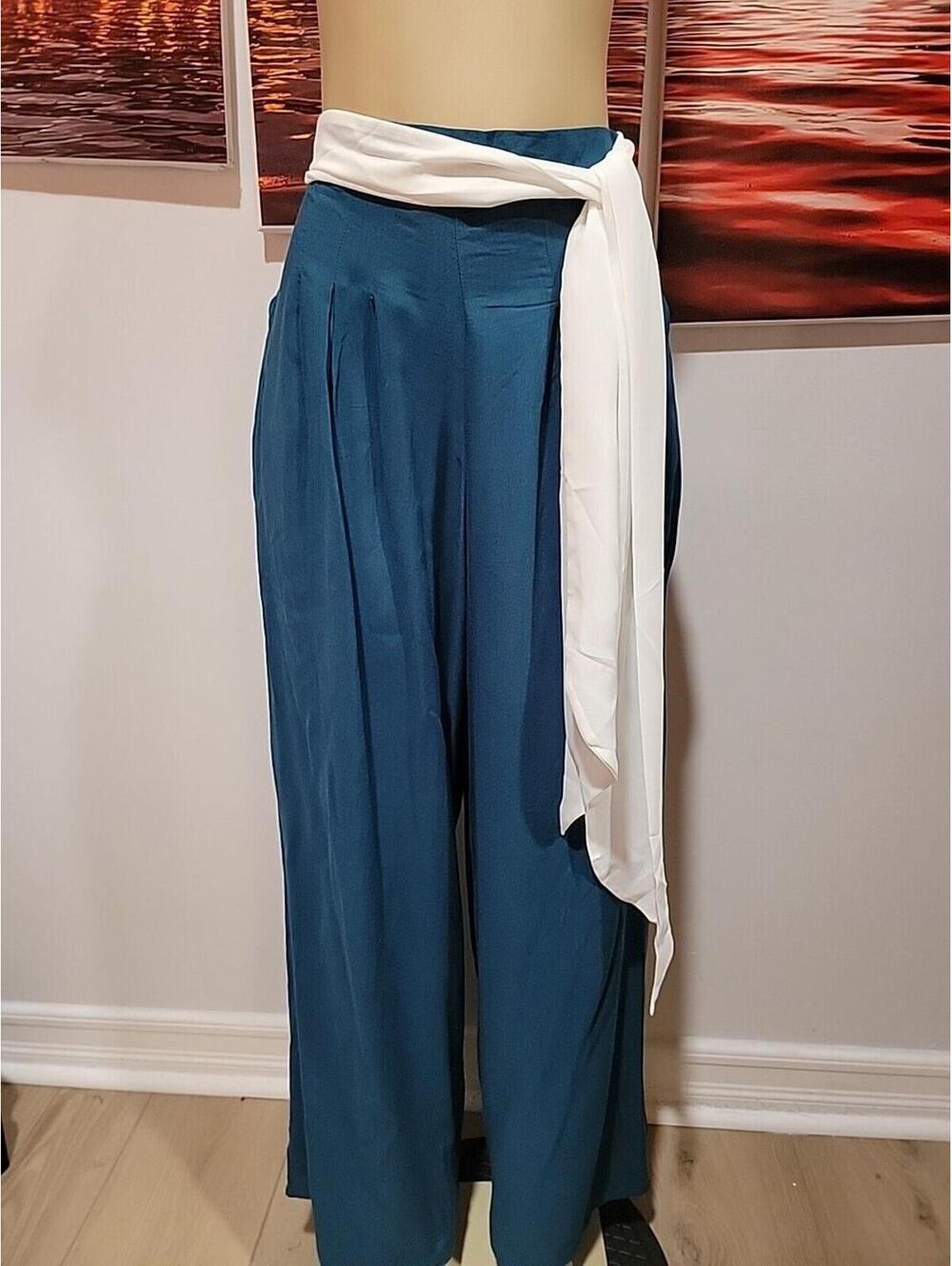 Catwalk Women's Size S Cullotes Teal White Belted Pleated Wide Leg Pants NWT #11